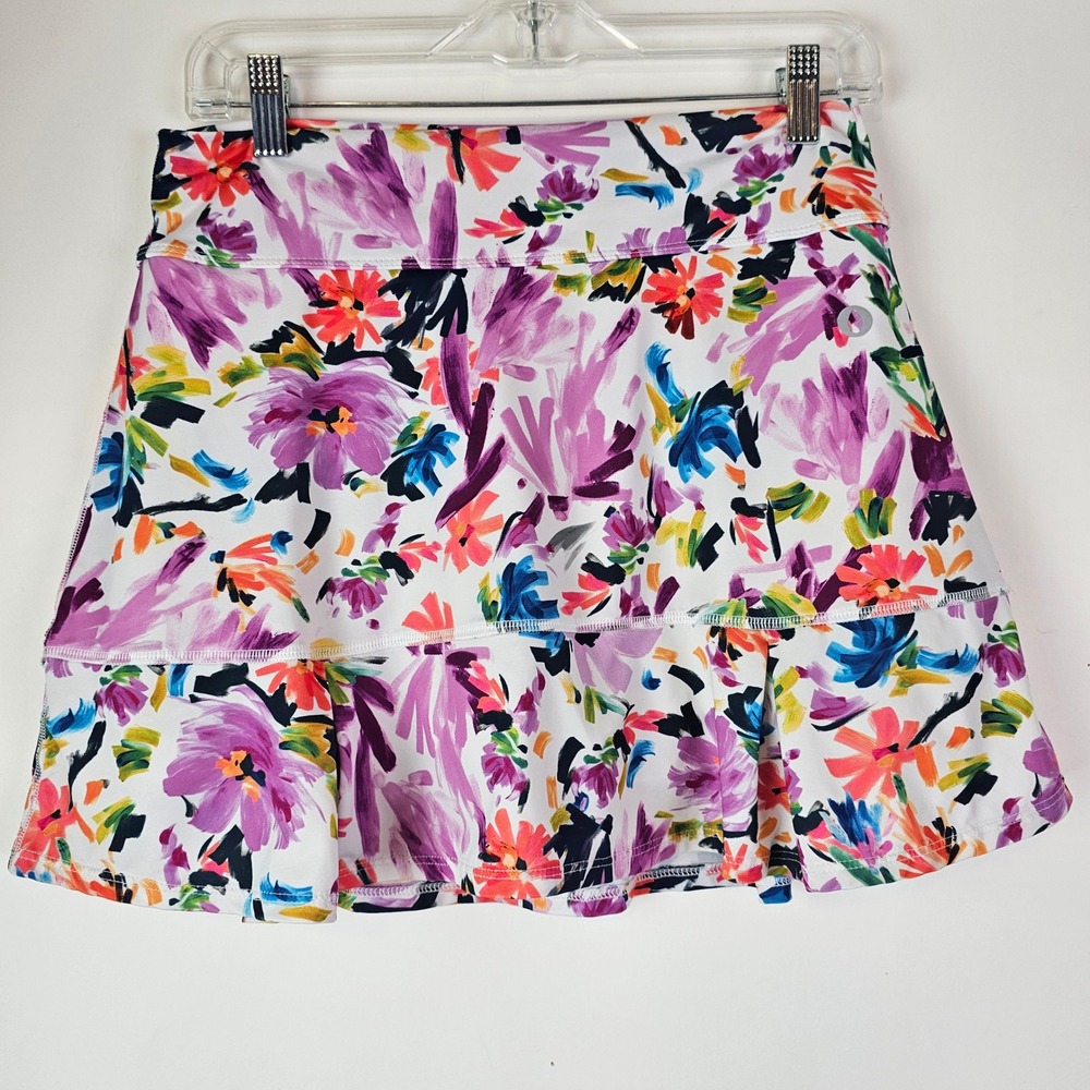 Dona Jo Floral Skort Purple Orange Blue Painterly Print Active Skirt Mini L
